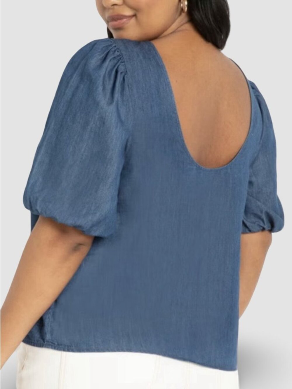 ELOQUII Chambray Denim Puff Sleeve Top Womens 22 Blue Open Scoop Back Plus Size